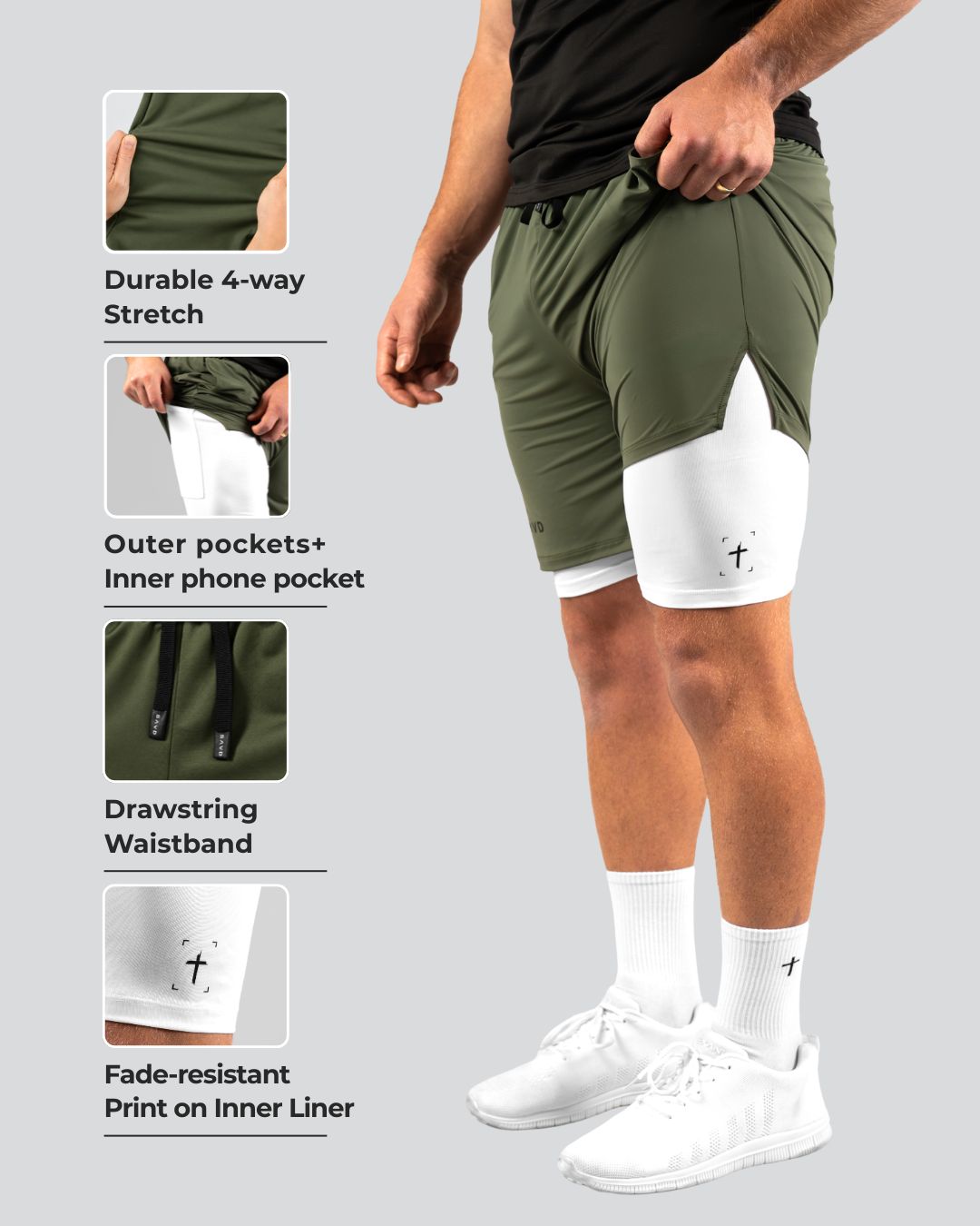 'Minimal Cross' Men's Performance Shorts – Khaki Green