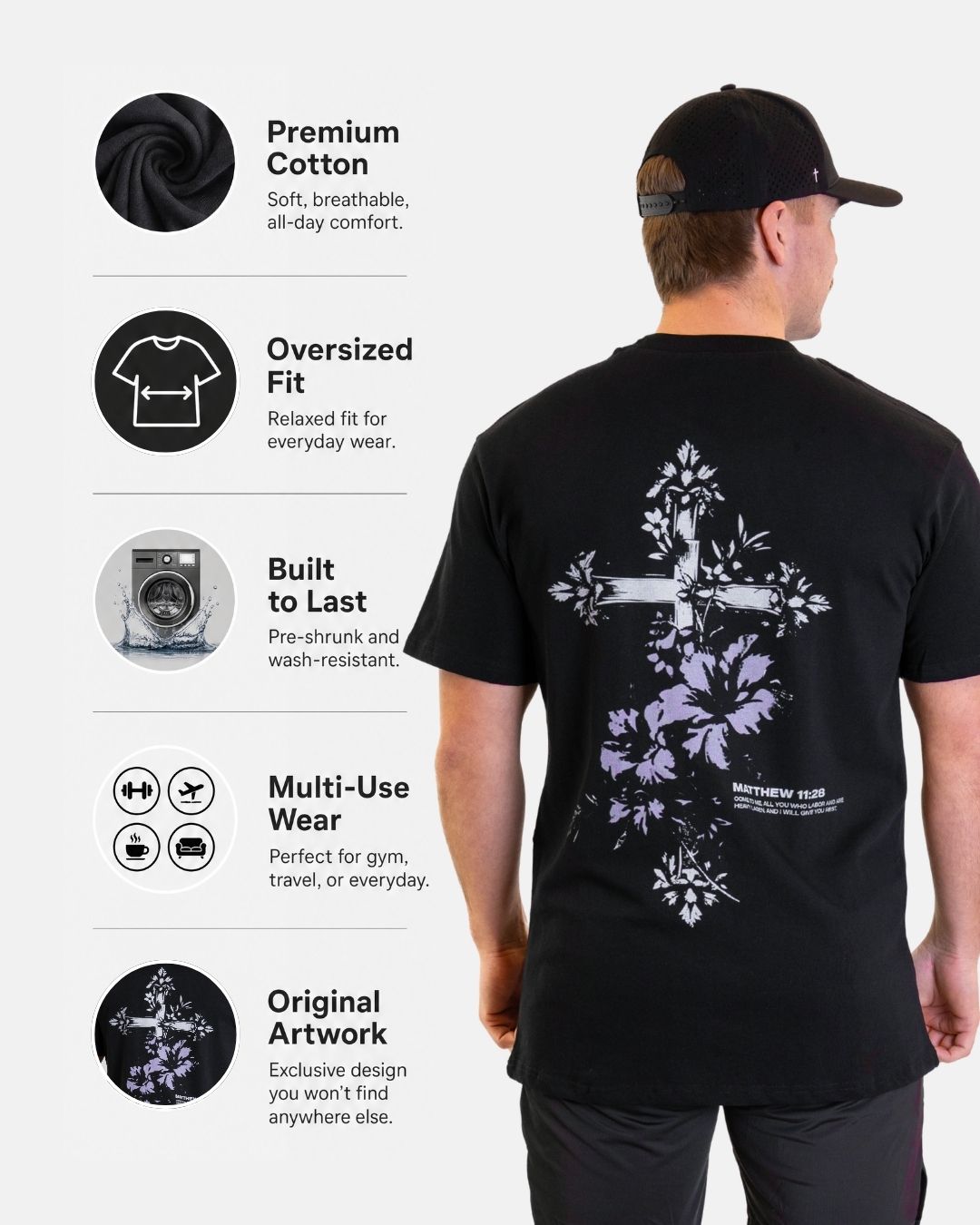 Matthäus 11,28 Blumenkreuz Oversize-T-Shirt