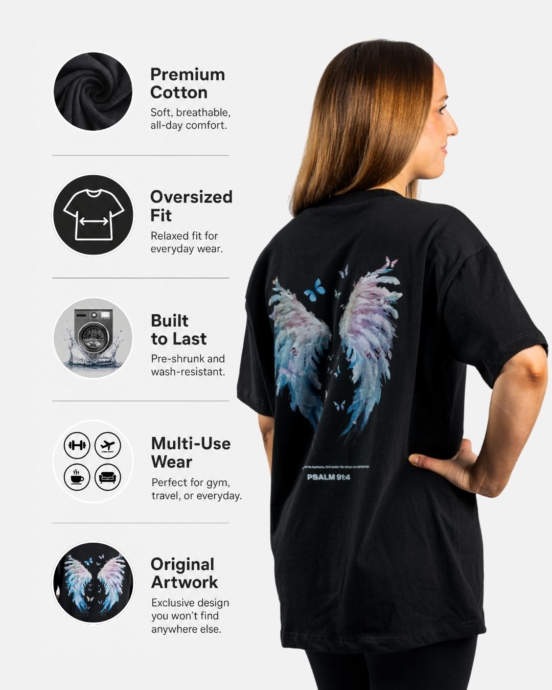 Psalm 91:4 'Onder Zijn vleugels' Oversized T-shirt voor dames