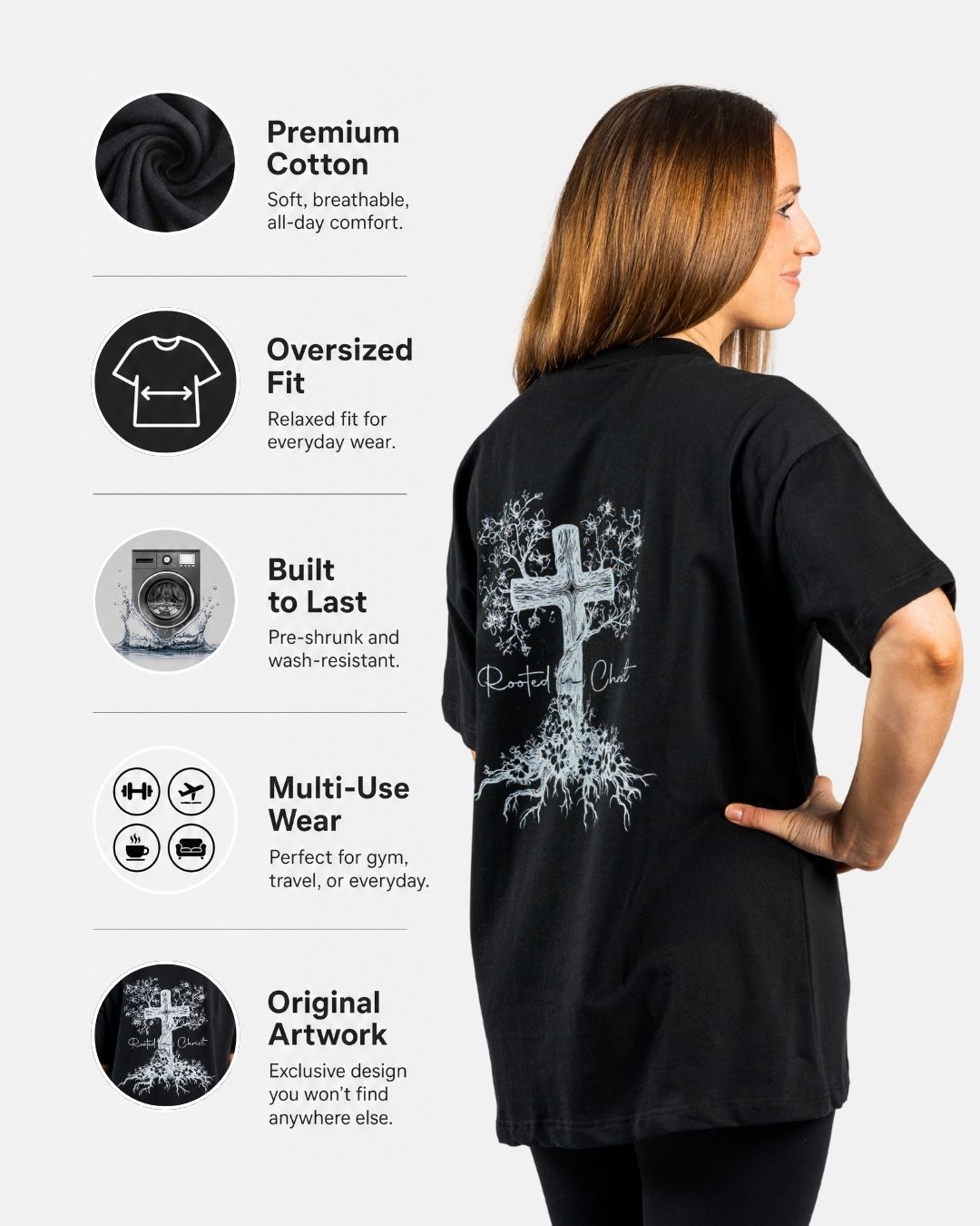 'Rooted in Christ' oversized T-shirt voor dames